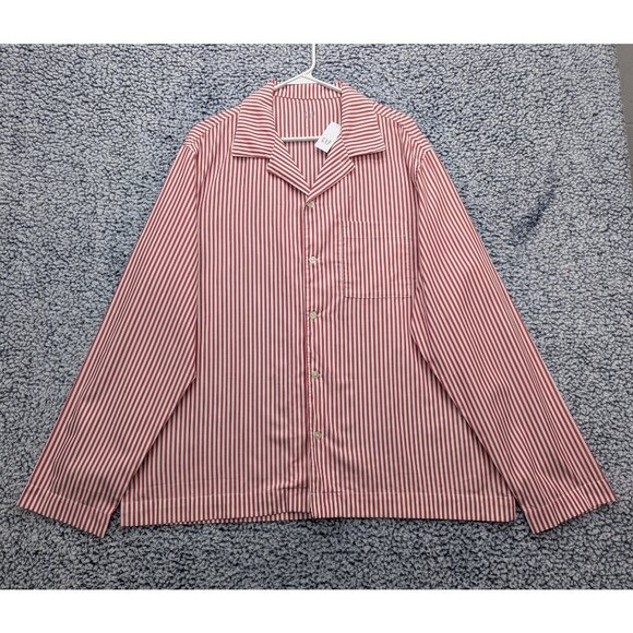 NWT GAP Sleep Poplin Shirt Mens LG Button Up Striped Long Sleeve Pajama Top Red - Picture 1 of 14